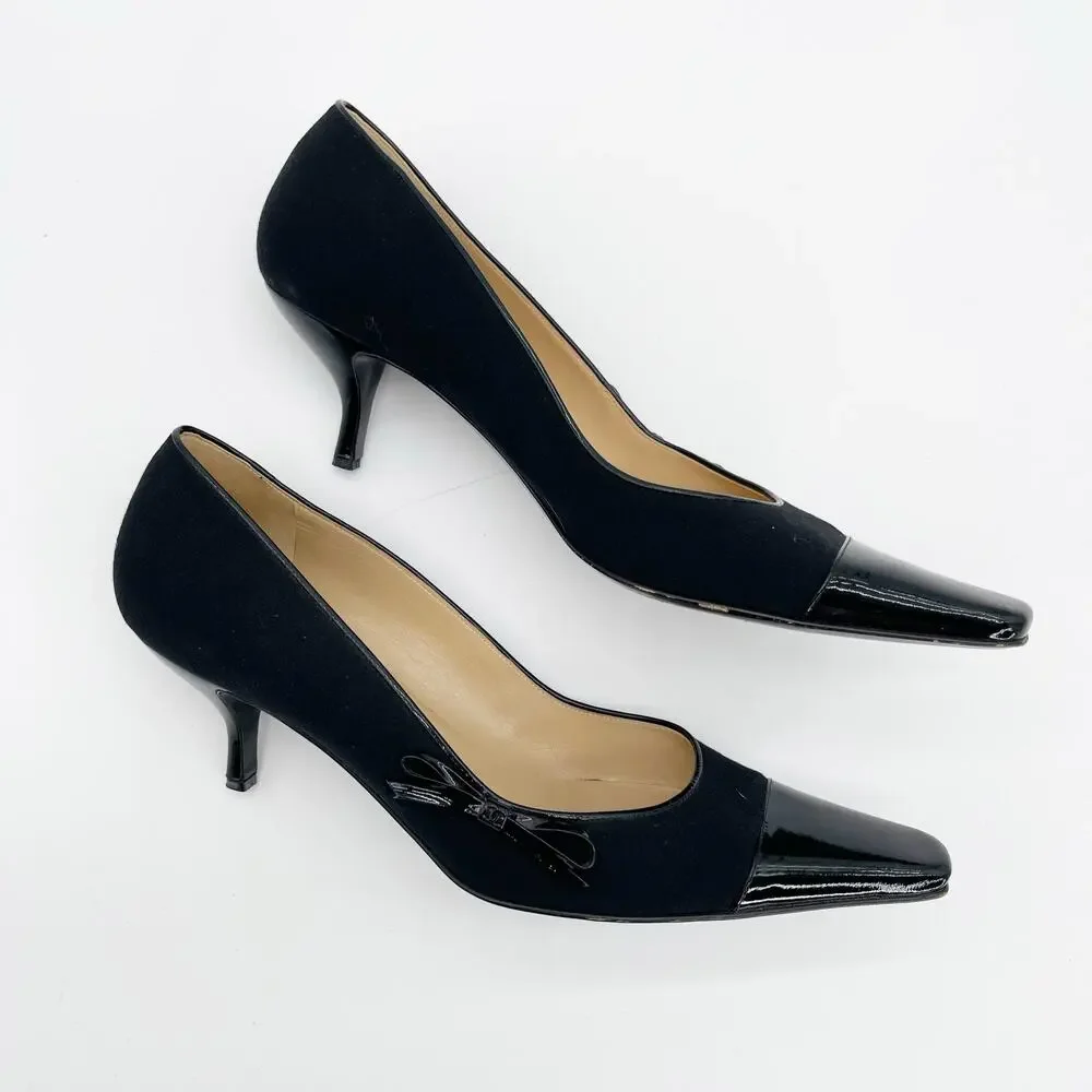 Chanel 2004 Karl Lagerfeld Black Jersey Patent Trim CC Logo Cap Toe Pumps EU 40